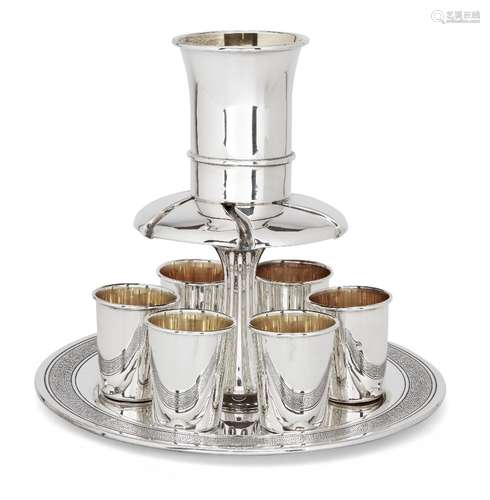 A modern Israeli Kiddush set by Hazorfim, stamped 925, the circular base with textured border, the