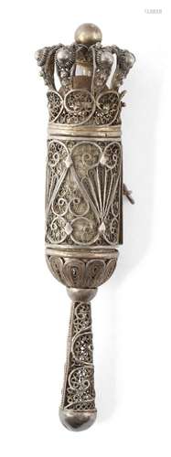 A 20th century miniature silver filigree cased Esther scroll, megillah, the case signed Bezalel,