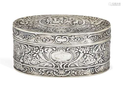 A German silver repousse trinket box, c.1900, stamped 800, maker unknown, of oval form, with