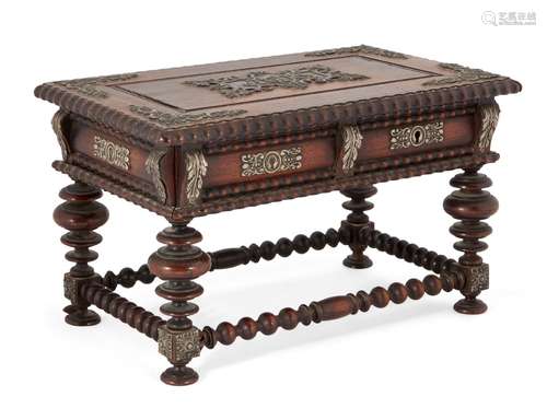 A 20th century Portuguese rosewood trinket box, designed as an 18th century Portuguese writing table