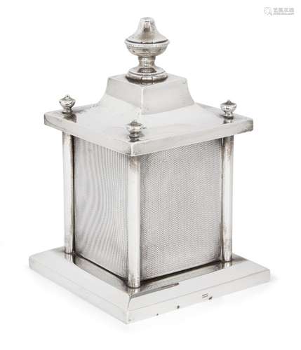 A pagoda-shaped silver cigarette holder by Asprey, London, c.1928, the four engine-turned sides