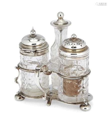 A matched three-piece silver mounted cruet set, the stand and tall mustard Sheffield, c.1876, Thomas