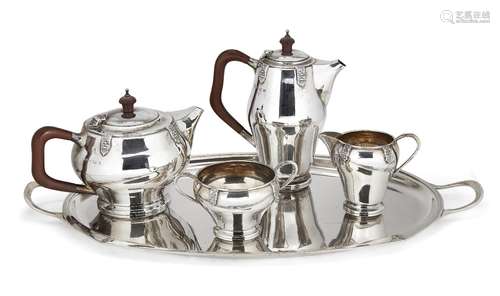 A four-piece silver tea set and tray, Birmingham, c.1960 and 1961, Elkington & Co., the teapot,