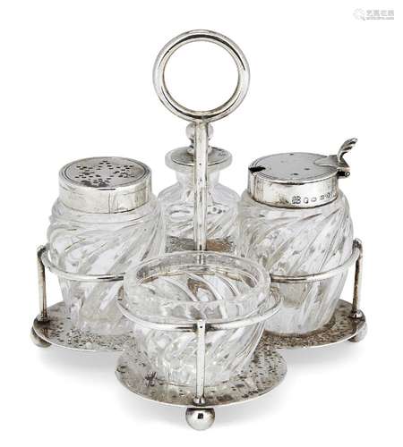 A four-piece silver mounted matched cruet set, the stand and smaller mustard cruet London, c.1889,