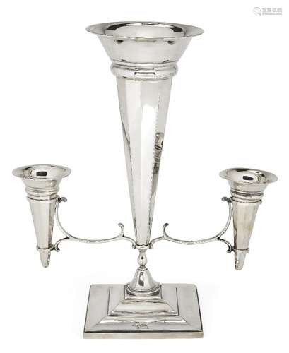 A silver three-branch epergne, Sheffield, c.1920, Alexander Clark & Co., the central trumpet-