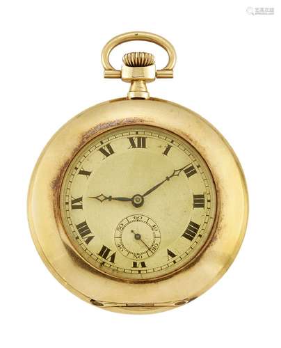 An 18ct gold open-face dress pocket watch, the silvered engine-turned dial with Roman black