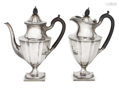 A large Mappin & Webb silver two-piece coffee set, Sheffield, c.1927, each of panelled baluster form