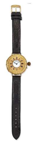 A Swiss gold wristwatch converted from a late 19th century demi hunter fob watch, the white enamel