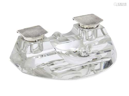 A silver mounted glass inkwell, Birmingham, c.1927, William Base & Sons, the grooved semi-circular