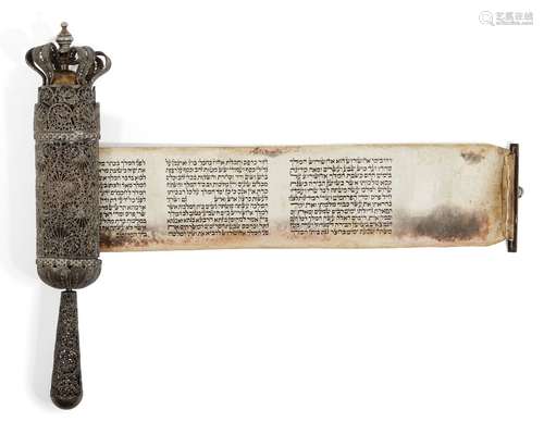 A silver filigree cased Esther scroll, megillah, probably Eastern Europe, 19th century, the