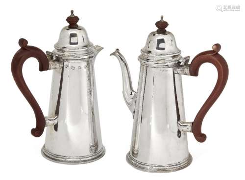 A pair of silver café-au-lait pots, London, c.1971, CJ Vander, each of tapering cylindrical form