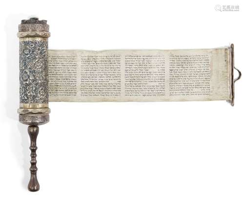 A small parcel gilt silver cased Esther scroll, megillah, unmarked, probably Indo-Persian, 19th