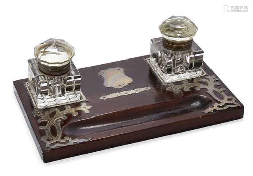 An Edwardian silver mounted wooden inkstand, London, c.1903, M Chapman, Son & Co Ltd., the two