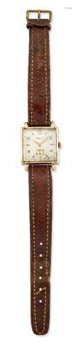 A 9ct gold wristwatch, by Vertex, the square silvered dial with Arabic gilt and dart markers, square