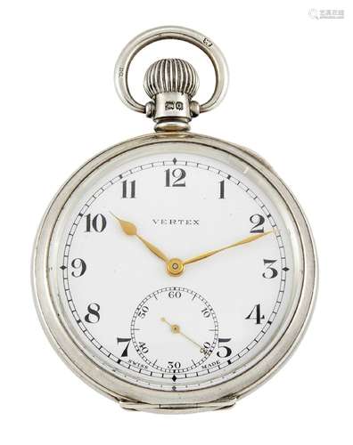 A silver open-face pocket watch, by Vertex, the white enamel dial with Arabic numerals, subsidiary