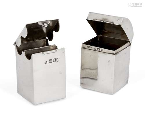 Two silver stamp boxes, one London, c.1897, Samuel Jacob, of cuboid form with hinged lid designed