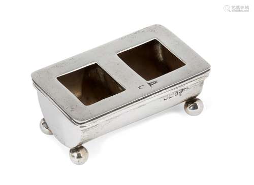 A silver stamp box with twin stamp apertures, Sheffield, c.1903, Walker & Hall, of rectangular form,