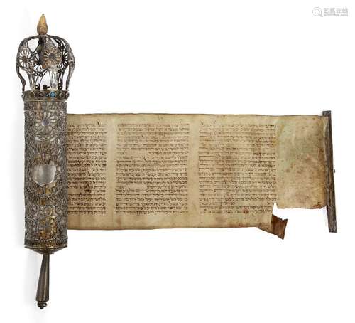 A silver filigree cased HaMelech Esther scroll, megillah, probably late 19th century, Eastern