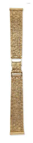 A 9ct gold watch bracelet, of flexible broad textured link design, signed NK Wristwear, London