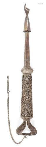 A silver filigree Torah pointer, yad, signed Bezalel, Jerusalem, 20th century, of Russo-Polish