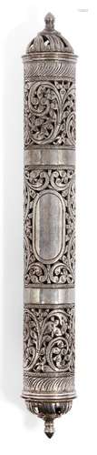 A pierced silver scroll case, the removable lid stamped 925, the cylindrical body pierced with