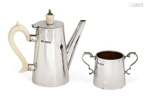 A silver bachelor's coffee pot and sugar, Sheffield, c.1936, Viner's Ltd., the pot of tapering