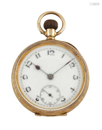 A 9ct gold open-face fob watch, the white enamel dial with Arabic numerals, subsidiary dial for