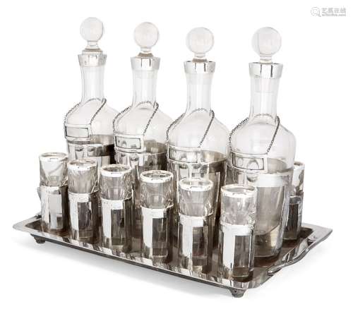 An Austrian silver and glass liqueur set, Vienna, c.1872, maker's mark FA, comprising four silver