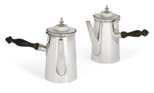 A bachelor's pair of café-au-lait pots, spurious marks, possibly continental silver, each of