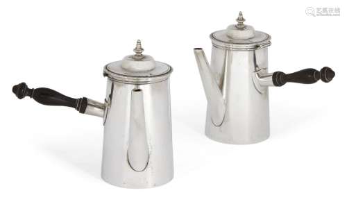 A bachelor's pair of café-au-lait pots, spurious marks, possibly continental silver, each of