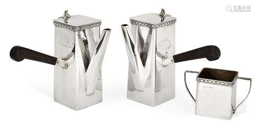 An Art Deco three-piece silver café-au-lait set, Birmingham, c.1930 and 1931, B & W Ltd, of square