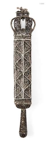 A silver filigree Esther scroll case (lacking scroll), probably Polish, mid-19th century, bearing