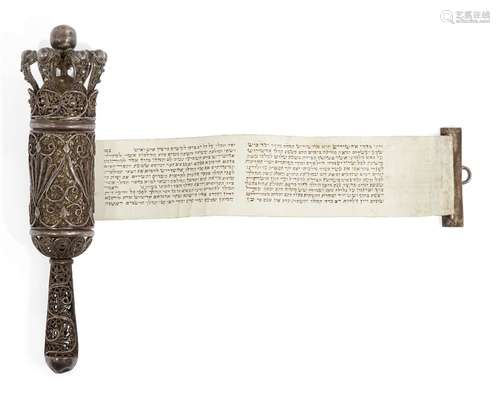 A miniature silver filigree cased Esther scroll, megillah, in the Russo-Polish style, the scroll