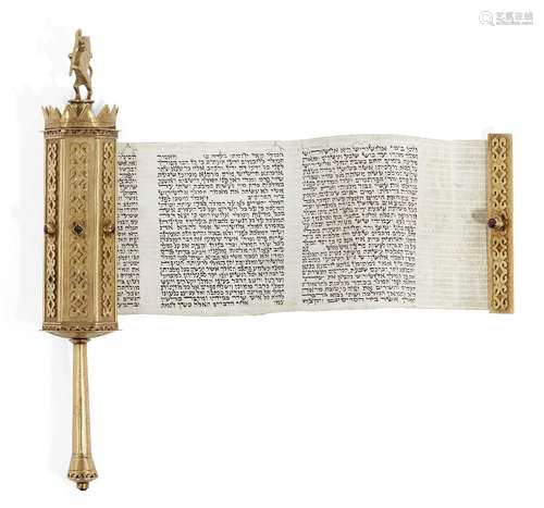 A small jewelled Israeli HaMelech Esther scroll case, fitted with megillah, the case unmarked,