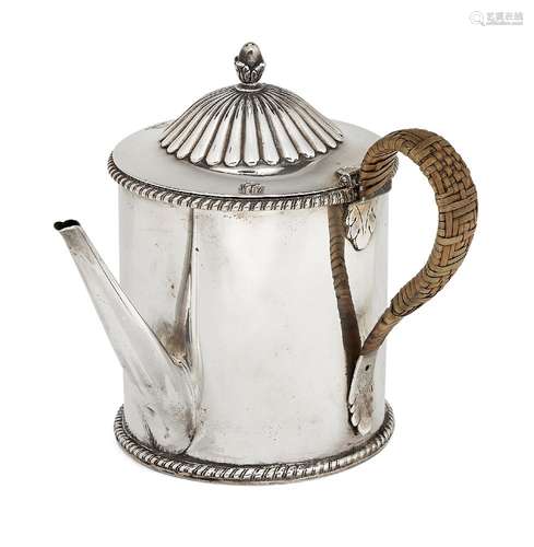 A silver gravy argyle with wicker side handle, the base hallmarked London, c.1981, London Assay