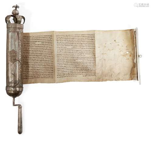 A 19th century Ottoman silver plate cased Esther scroll, megillah, the cylindrical body applied with