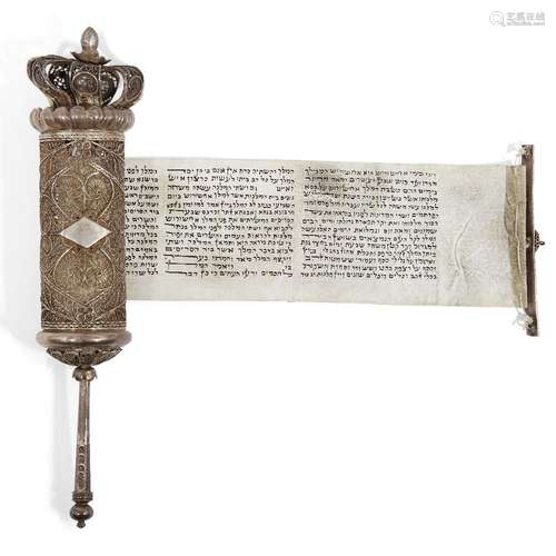 A rare late Victorian English silver filigree cased HaMelech Esther scroll, megillah, the case by