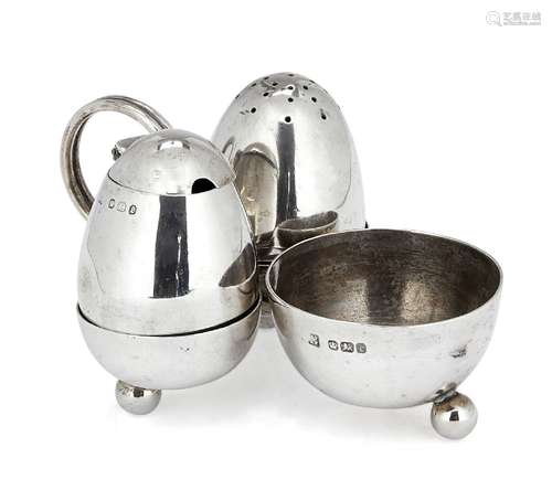 A silver cruet set, Sheffield, c.1897, Fordham & Faulkner, the pepper and mustard of egg form, the