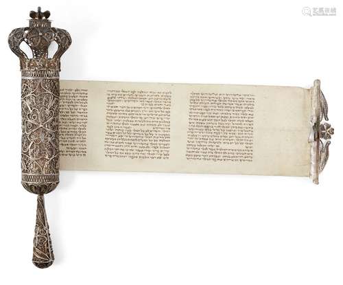 A large silver filigree cased Esther scroll, megillah, unmarked, probably Poland or Ukraine, late