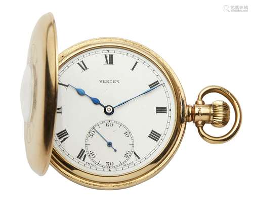 A 9ct gold demi-hunter keyless pocket watch by Vertex, the white enamel dial with Roman numerals and