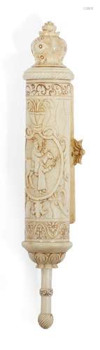 A carved ivory cased HaMelech Esther scroll, megillah, possibly Austrian late 19th/early 20th