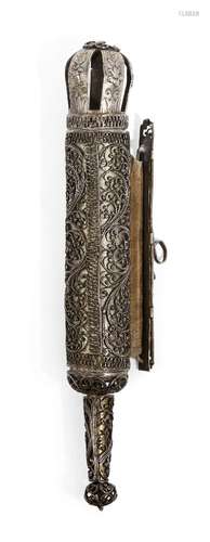 A 19th century silver cased Esther scroll, megillah, unmarked, possibly Ukraine, first half of