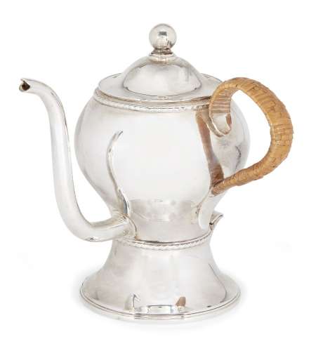 A silver plated argyll, unmarked, of plain rounded form with a wicker bound side handle and curved