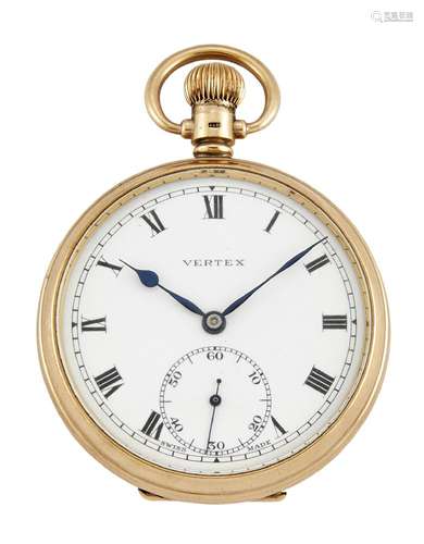 A 9ct gold open-face pocket watch, by Vertex, the white enamel dial with Roman numerals,