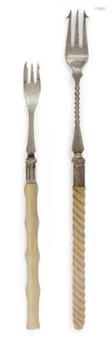 Two Victorian silver pickle forks with ivory handles, one Sheffield, c.1855, JRB, with knopped ivory