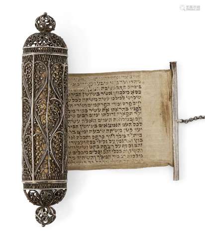 An Esther scroll, megillah, in decorative parcel gilt filigree case, possibly Ukrainian, c.1940, the