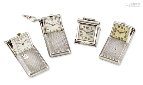 Four silver purse watches, all with rectangular engine turned slide action cases, three by Vertex