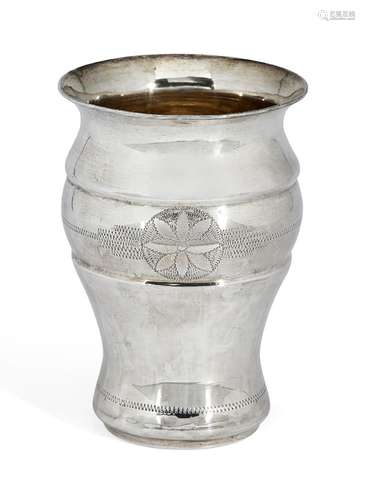 A white metal Kiddush cup with Hebrew lettering, unmarked, assumed silver, of baluster form with