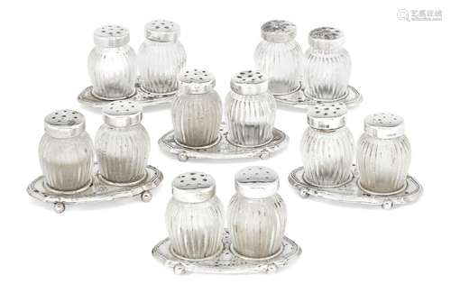 A set of six silver mounted cruet pairs, the monogrammed silver stands by Fritz Bemberg (active c.