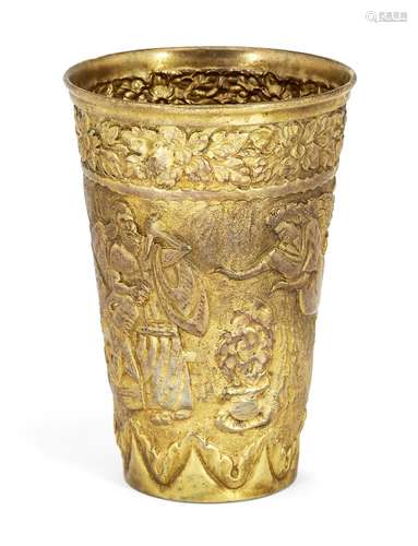 A gilt metal cup, apparently unmarked, chased with scenes depicting the sacrifice of Isaac, 12 cm